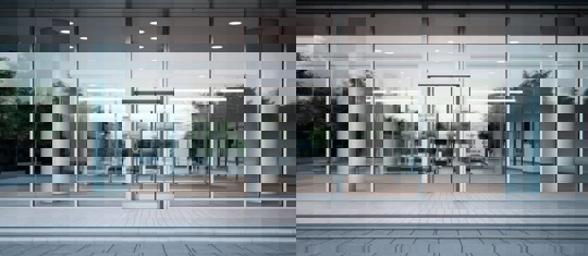 a modern office building with large glass windows and doors.